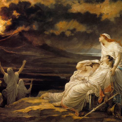 A painting depicts a group of women in ancient attire, with one woman standing and raising her hands, while others are seated or lying down, set against a dramatic backdrop of a stormy sky and a volcano eruption.