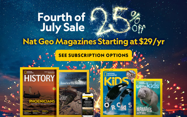 Advertisement for National Geographic magazines with a Fourth of July sale offer.