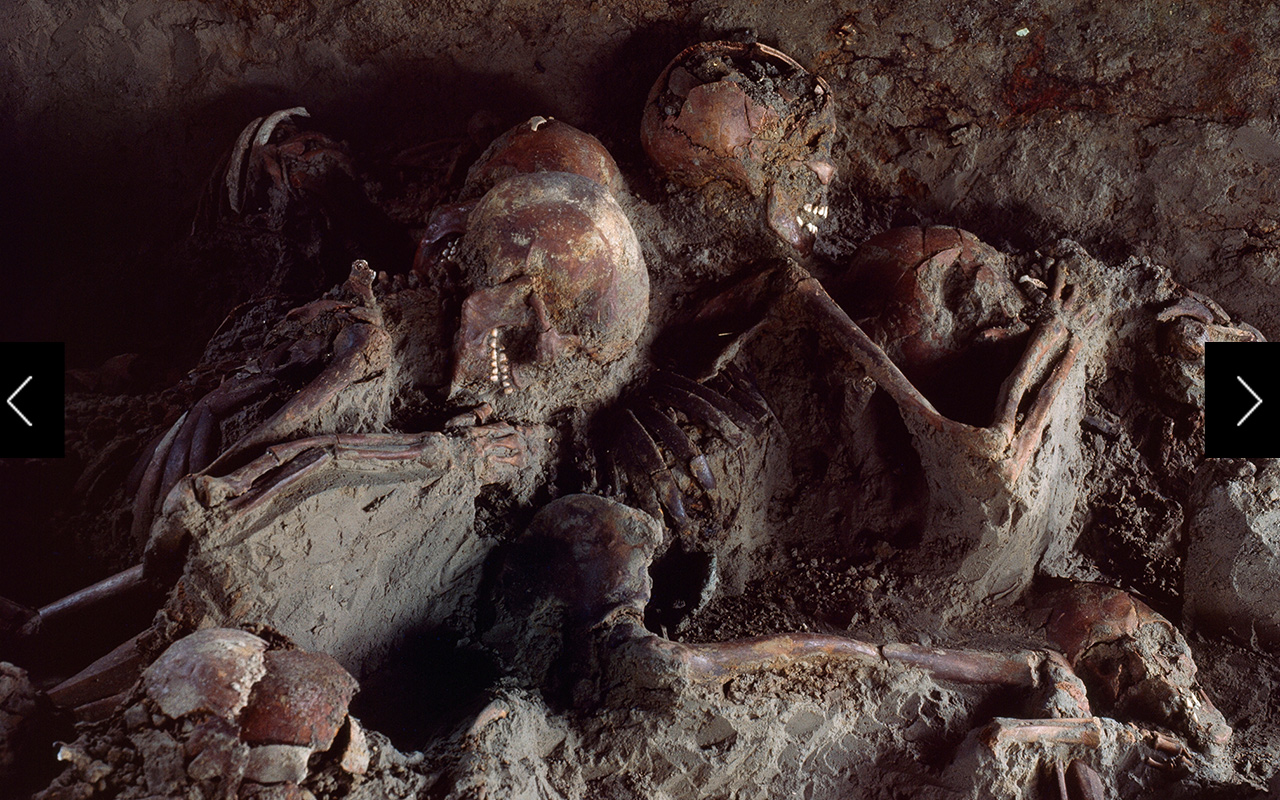 Frozen in an embrace. 1,900 years old, victims of the Vesuvius eruption that entombed Herculaneum cling together, part of the company of 150 skeletons recently discovered on or near the ancient beach.  