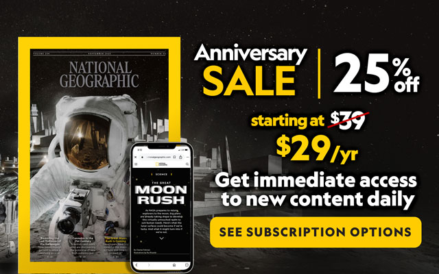 Advertisement for National Geographic magazine featuring an astronaut on the moon.