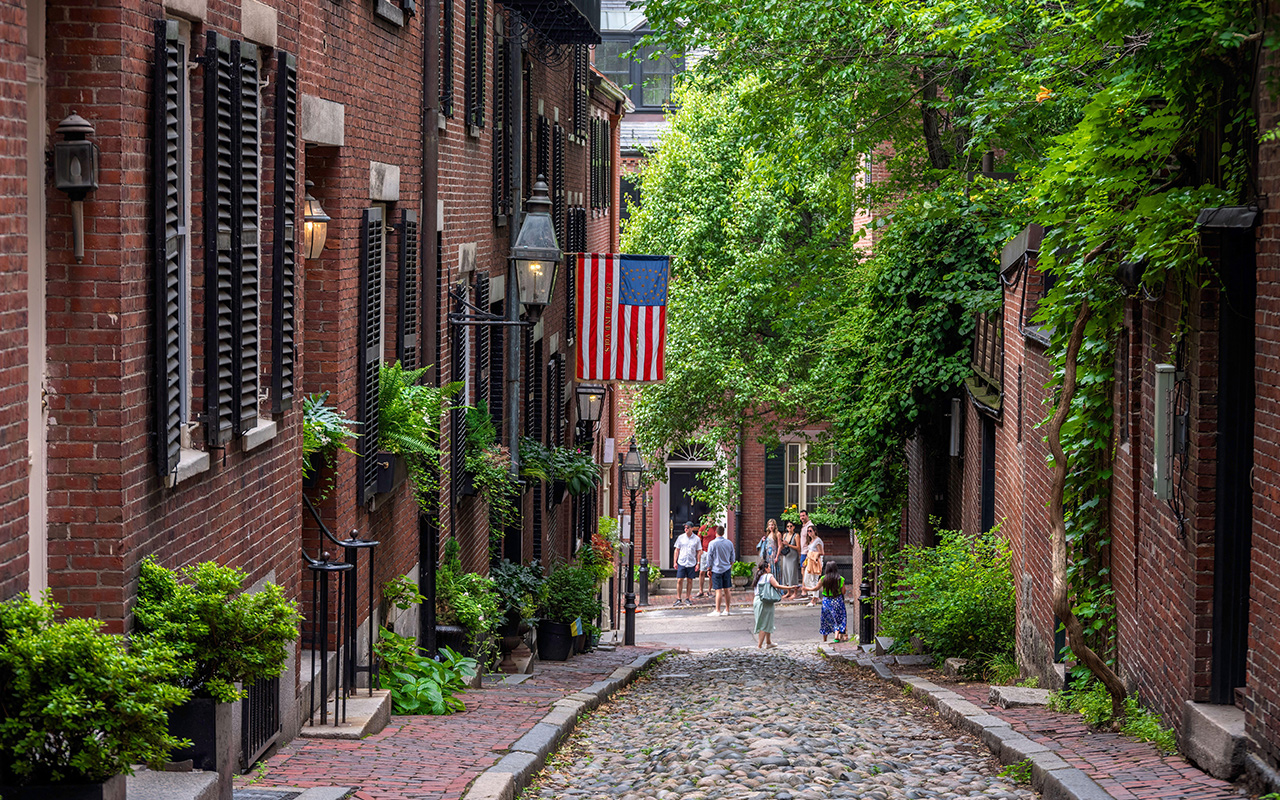 The Freedom Trail takes in Boston's historic red brick buildings, such as those on Acorn Street in Beacon Hill.