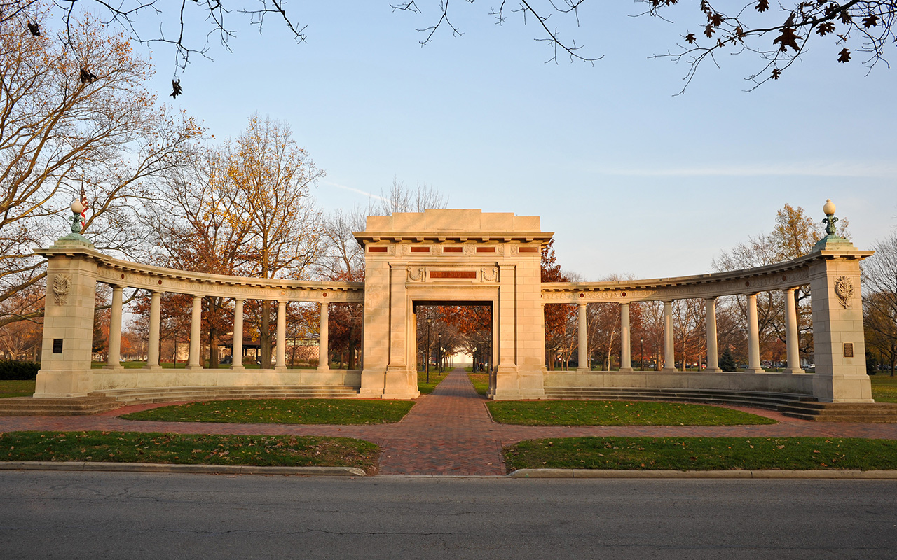 Memorial Arch illuminated by sunlight, in Tappan Square, at Oberlin College 