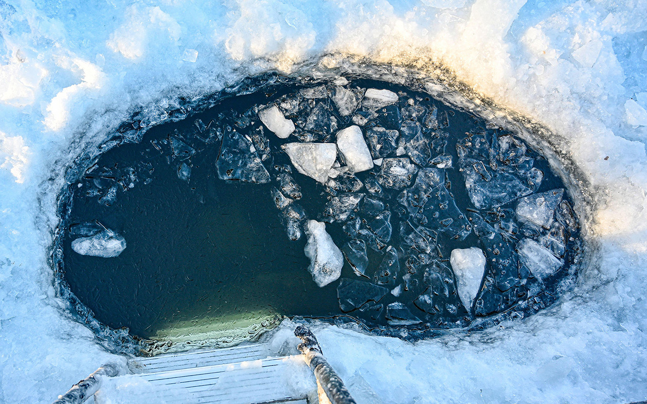 A ladder descends into a hole in a frozen lake.