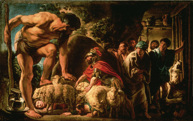 A giant stands next to sheep at the mouth of a cave, surrounded by a group of people in ancient attire