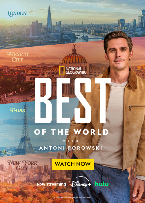 A promotional poster for a travel show featuring Antoni Porowski.