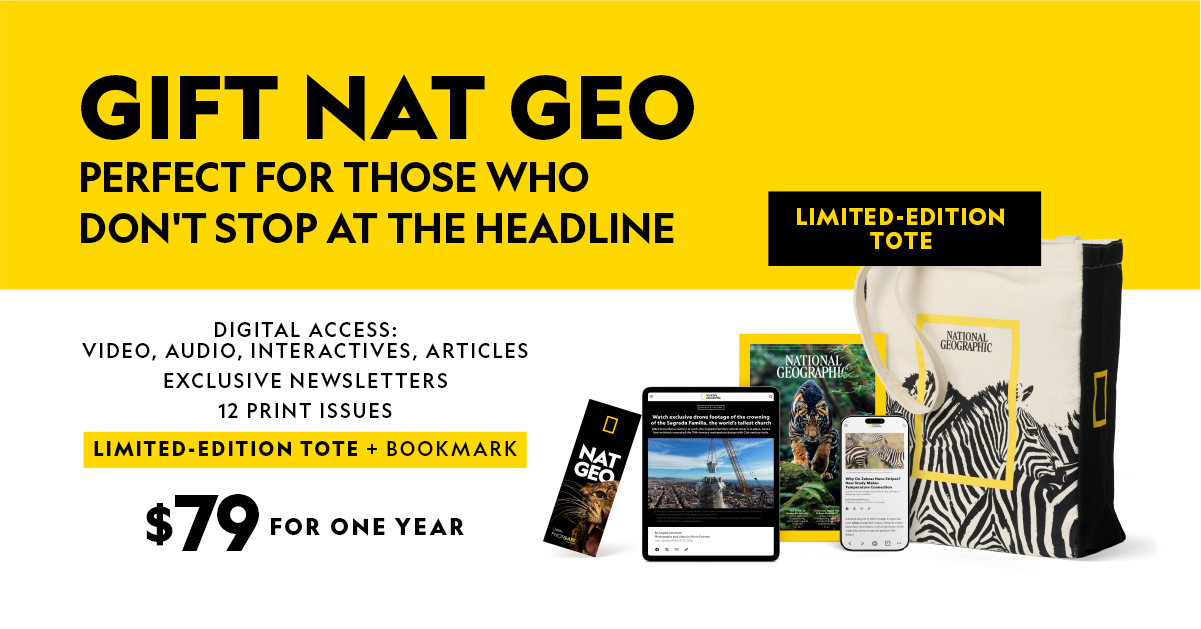 Advertisement for a National Geographic subscription with a tote bag, bookmark, and digital access.
