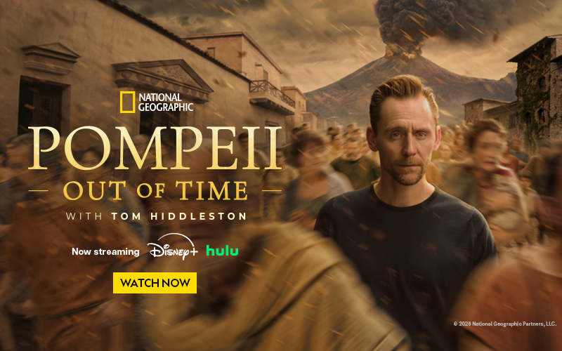 A promotional image for the documentary Pompeii: Out of Time with Tom Hiddleston.