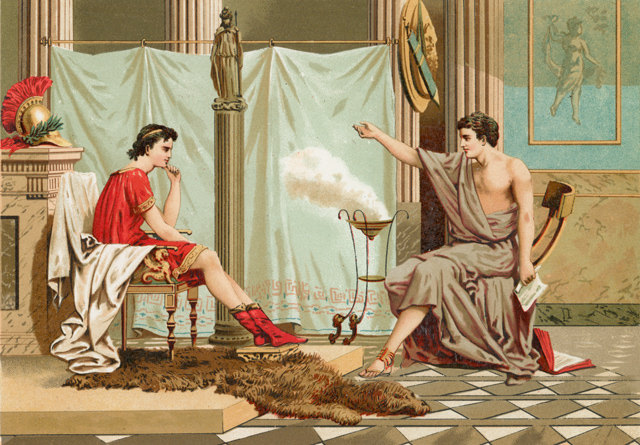 An illustration of two people in ancient roman dress inside a decorated room, with one seated and the other gesturing beside a smoking vessel.